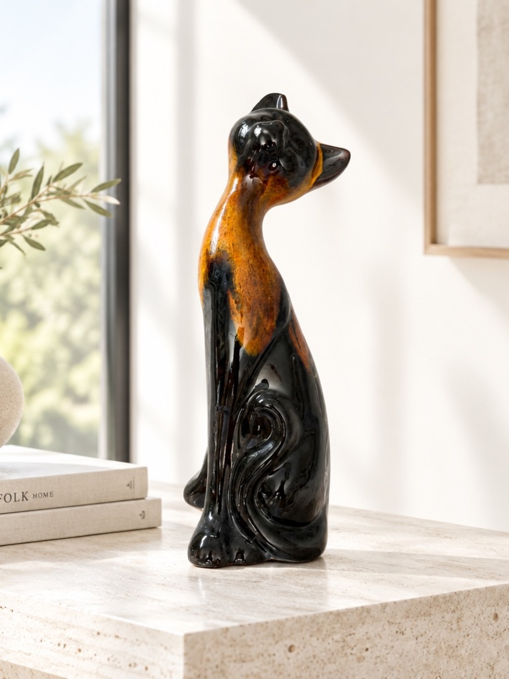12” Evangeline Vintage Retro Mid Century Black Brown Orange Amber Ceramic Cat